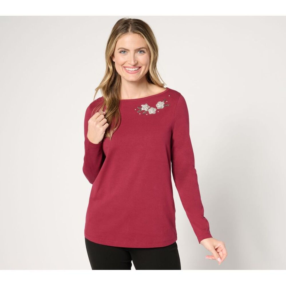BEAUTIFUL by Lawrence Zarian Women's Top Sz M Embellished Long-Sleeve Red